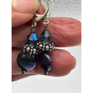 Silver 925 Earrings Iridescent Coin Pearl Drops & Aurora Borealis Beads Elegant
